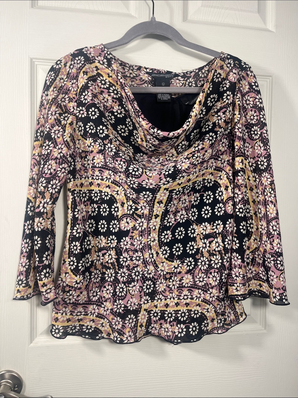 Jonathan Martin Black Floral Cowl Neck Tunic with Pink and Cream Pattern